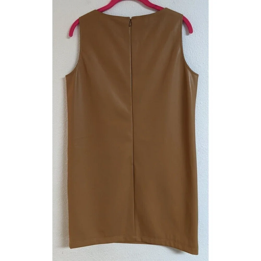 NWOT~Women's THEORY Tan Faux Leather Mod Sleeveless Shift Dress 6 - Picture 6 of 11